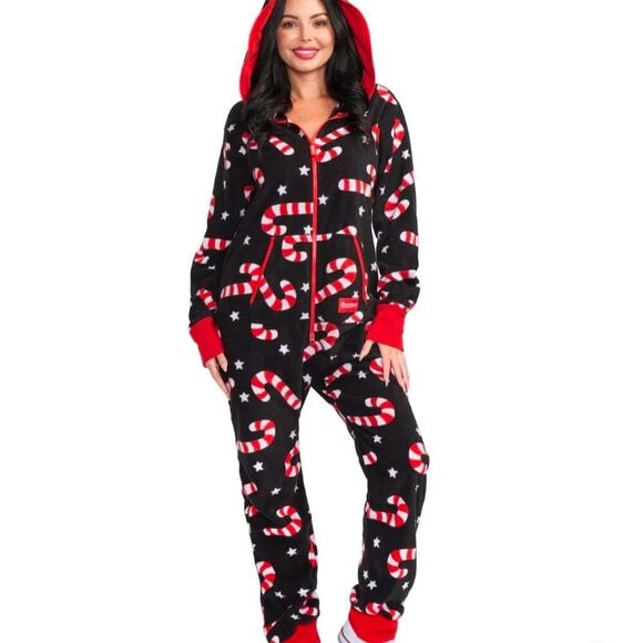 Tipsy Elves Other - Tipsy Elves Unisex Black Candy Cane Lane Christmas Onesie Hooded Zip